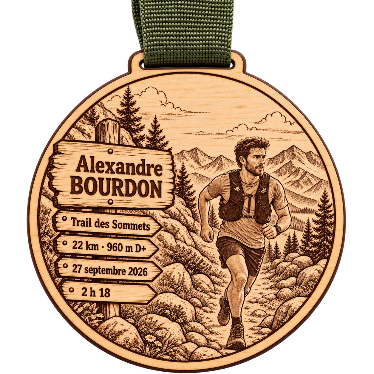 Simulation de médaille montagne personnalisée avec portrait gravé et ruban textile